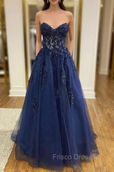 Blue Strapless Lace Long Formal Prom Dress, A-Line Evening Dress Party Dress