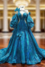 Blue Strapless Pleats Formal Prom Dress With Shawl