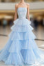 Blue Strapless Tulle Layers Long Formal Prom Dress, A-Line Evening Dress