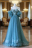 Blue Sweetheart Off Shoulder Long Party Dress, Blue Tulle Formal Prom Dress