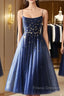 Blue Tea Length Tulle Formal Prom Dress, Blue Tulle Bridesmaid Dress
