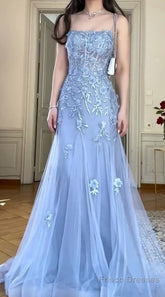 Blue Tulle A-Line Spaghetti Strap Appliqu Long Prom Dress Evening Dress