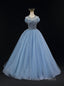 Blue Tulle Backless Beading Bow Formal Prom Dress
