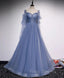 Blue Tulle Beaded Long Formal Dress Party Dress, A-line Wedding Party Dress