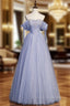 Blue Tulle Beaded Long Formal Prom Dress, A-Line Blue Evening Party Dress
