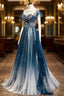 Blue Tulle Beading Long A-Line Formal Prom Dress, Scoop Neckline Evening Dress