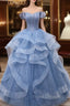 Blue Tulle Beading Off the Shoulder Formal Prom Dress