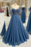 Blue Tulle Beading Spaghetti Straps Formal Prom Dress
