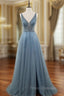 Blue Tulle Deep V-neck Backless Beading Sequins Formal Prom Dress