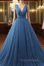 Blue Tulle Deep V-neck Pleats Beading Formal Prom Dress