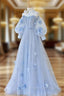 Blue Tulle Flowers Long Formal Prom Dress, Lovely A-Line Puff Sleeve Evening Dress