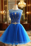 Blue Tulle Knee Length Backless Beading Homecoming Dress