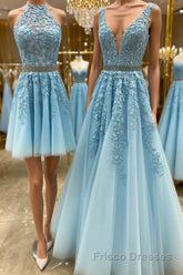 Blue tulle lace A line Formal Prom Dresses blue lace tulle formal Dresses