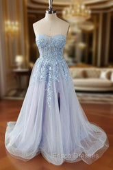Blue Tulle Lace Long Formal Prom Dress, Blue Strapless Evening Dress with Slit