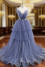 Blue Tulle Layers Long Formal Prom Dress, A-Line Spaghetti Strap Party Dress