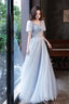 Blue Tulle Long A-Line Formal Dresses, Shiny V-Neck Evening Dresses