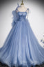 Blue Tulle Long A-Line Formal Prom Dress, Blue Spaghetti Straps Party Dress with Bow