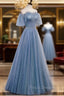 Blue Tulle Long A-Line Formal Prom Dress, Off the Shoulder Evening Party Dress