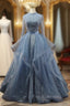 Blue Tulle Long Sleeve Backless Beading Formal Prom Dress