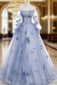 Blue Tulle Long Sleeve Flower Formal Prom Dress