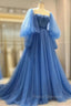Blue Tulle Long Sleeve Formal Prom Dress, A-Line Tulle Formal Evening Dress