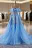 Blue Tulle Long Sleeve Sequins Beading Formal Prom Dress