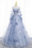 Blue Tulle Long Sleeves Formal Dress with Flowers, Blue A-Line Formal Prom Dress