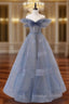 Blue Tulle Off Shoulder Long Formal Prom Dress, Blue A line Evening Dress