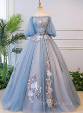 Blue Tulle Off Shoulder with Lace Floral Long Party Dress, Cute Party Dress Formal Prom Dress