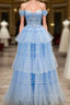 Blue Tulle Off the Shoulder Appliques Tiers Formal Prom Dress