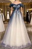 Blue Tulle Off the Shoulder Beading Pleats Formal Prom Dress