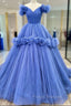 Blue Tulle Off the Shoulder Pleats Flower Formal Prom Dress