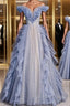 Blue Tulle Pleats Beading Formal Prom Dress