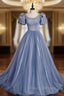 Blue Tulle Puff Sleeve Pearls Formal Prom Dress