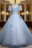 Blue Tulle Puff Sleeve Sequins Beading Quinceanera Dress