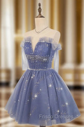 Blue Tulle Sequin Short Formal Prom Dress, Puffy Blue Homecoming Dress