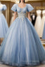 Blue Tulle Sequins Beading Puff Sleeve Quinceanera Dress