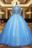 Blue Tulle Sequins Beading Quinceanera Dress