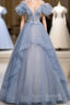 Blue Tulle Sequins Beading Spaghetti Straps Formal Prom Dress