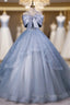 Blue Tulle Sequins Bow Quinceanera Dress