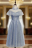 Blue Tulle Sequins High Neck Cap Sleeve Tea Length Formal Prom Dress
