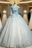Blue Tulle Sequins Off the Shoulder Appliques Quinceanera Dress