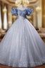 Blue Tulle Sequins Off the Shoulder Bow Quinceanera Dress