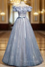 Blue Tulle Sequins Off the Shoulder Flower Beading Formal Prom Dress