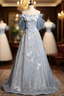 Blue Tulle Sequins Off the Shoulder Lace Flower Formal Prom Dress