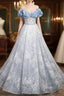 Blue Tulle Sequins Off the Shoulder Pearls Formal Prom Dress