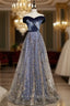 Blue Tulle Sequins Off the Shoulder Formal Prom Dress