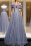 Blue Tulle Sequins Pleats Beading Formal Prom Dress