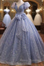 Blue Tulle Sequins Pleats Quinceanera Dress With Bow