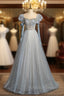 Blue Tulle Sequins Puff Sleeve Beading Formal Prom Dress